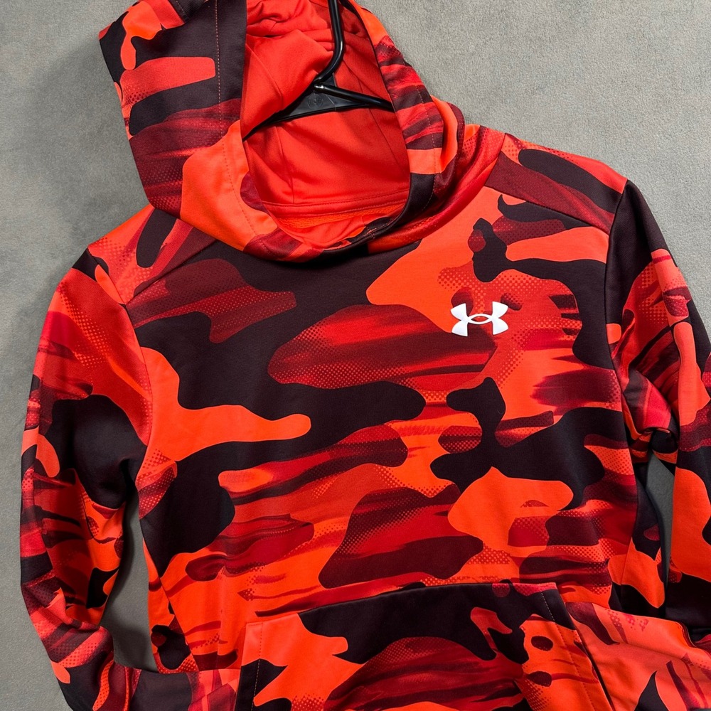 Under Armour Hoodie Kids Large Red Camo Fleece Pullover Excellent
